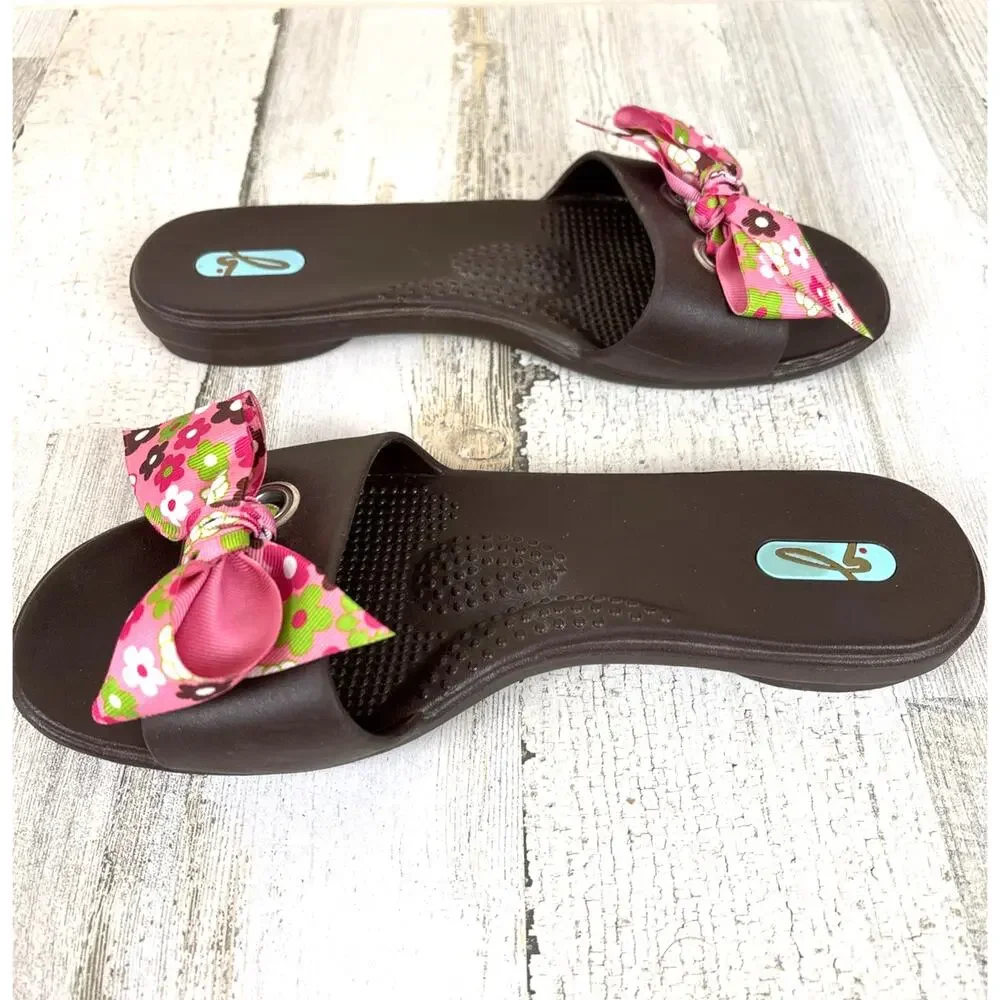 Oka-B Madison Brown Pink Floral Bow Slide Sandals Womens M/L NEW Casual